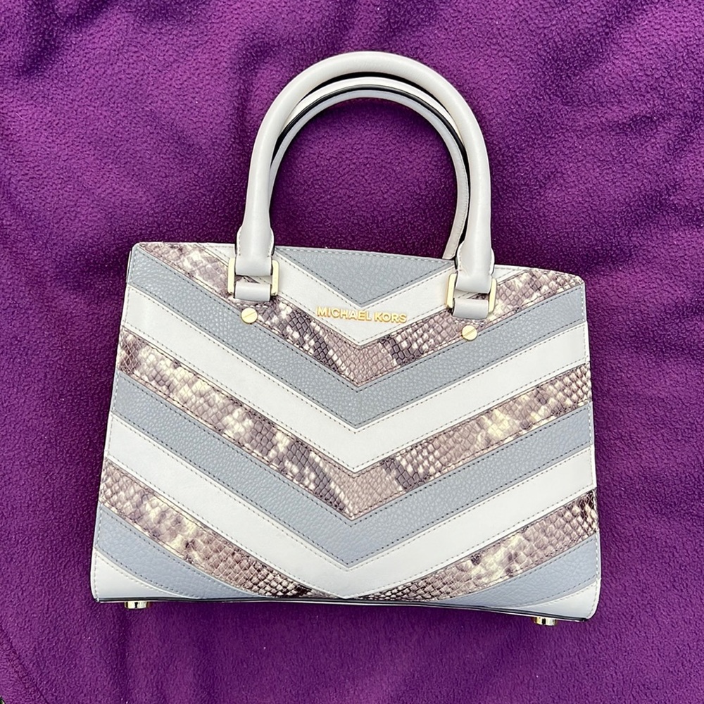 MICHAEL KORS Leather Chevron Satchel Shoulder Bag Ivory/Grey/Snake Skin